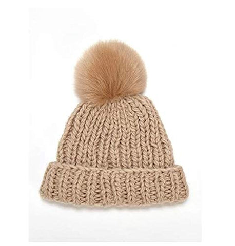 Kyi Kyi Chunky Knit Faux Fur Fleece Lined Pom Beanie (Beige)