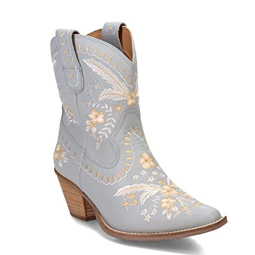 Dingo Womens Primrose Embroidered Floral Snip Toe Boots Ankle Low Heel 1-2" - Blue