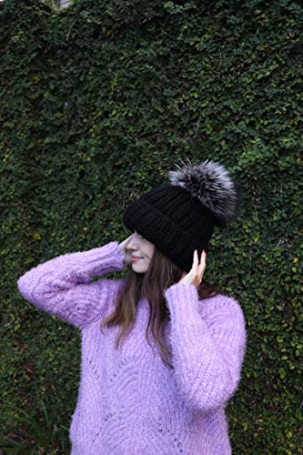Kyi Kyi Chunky Knit Fox Fur Fleece Lined Pom Beanie (Black/Silver Fox)