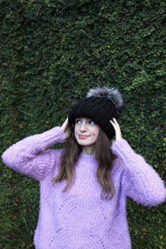 Kyi Kyi Chunky Knit Fox Fur Fleece Lined Pom Beanie (Black/Silver Fox)