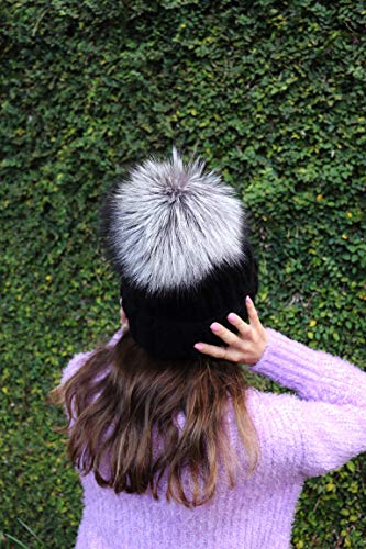 Kyi Kyi Chunky Knit Fox Fur Fleece Lined Pom Beanie (Black/Silver Fox)